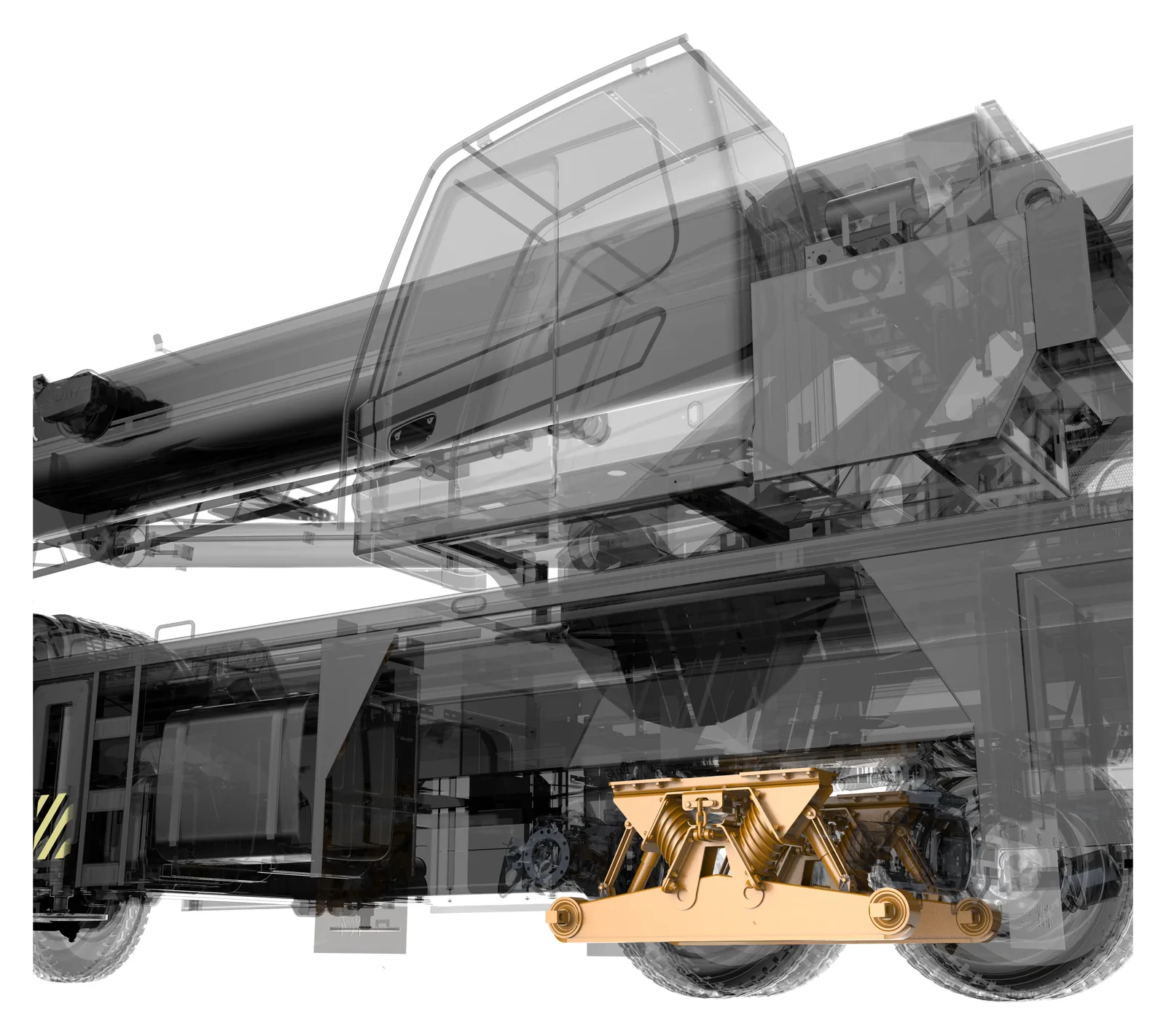 Cutaway of a crane carrier chassis showing suspension and outrigger systems