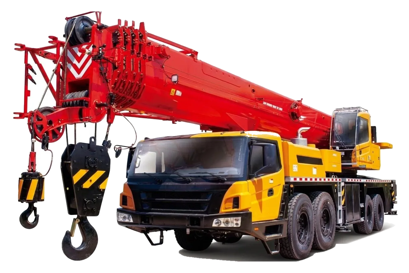 Telescopic truck crane with its boom extended and hook blocks rigged