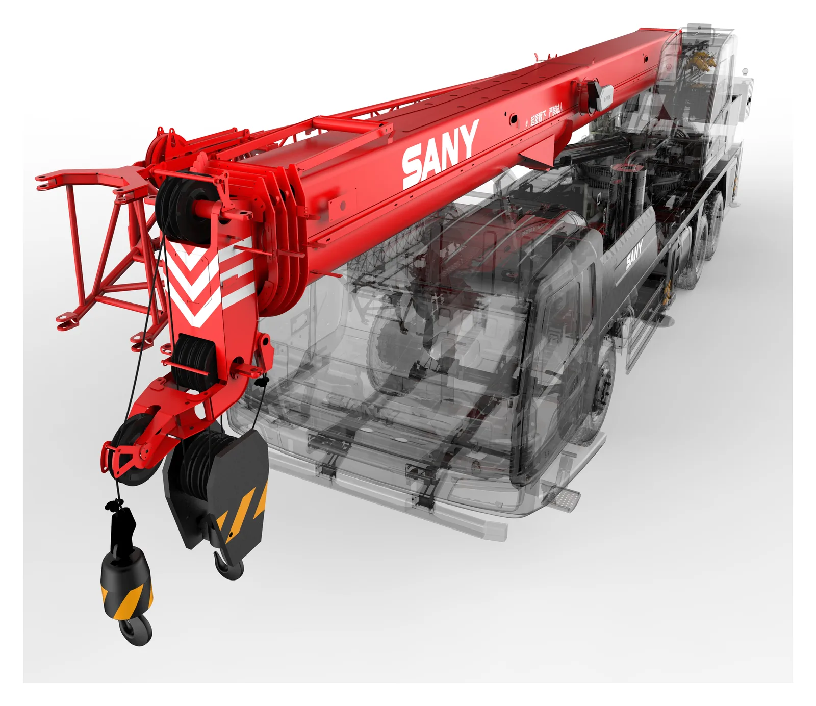 Cutaway view of a telescopic truck crane showing the hydraulic and drive line systems